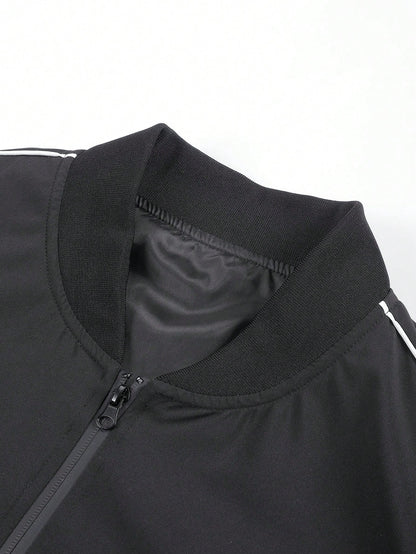 Black Baseball Collar Jacket With White Side Stripes, Men's American Casual Pilot Thin Outerwear, Minimalist Contrast Stitching Baseball Jacket With Zipper Pockets, Commuter Workwear Top