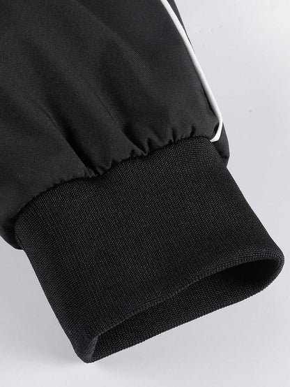 Black Baseball Collar Jacket With White Side Stripes, Men's American Casual Pilot Thin Outerwear, Minimalist Contrast Stitching Baseball Jacket With Zipper Pockets, Commuter Workwear Top