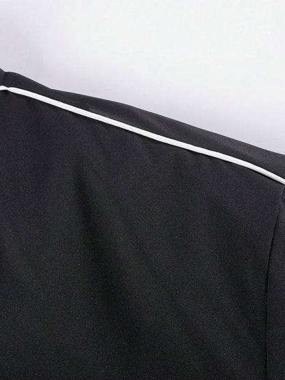 Black Baseball Collar Jacket With White Side Stripes, Men's American Casual Pilot Thin Outerwear, Minimalist Contrast Stitching Baseball Jacket With Zipper Pockets, Commuter Workwear Top