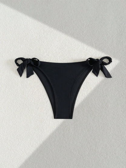 Black Basic Side Tie Bikini Bottom, Suitable For Graduation, Independence Day, Valentine's Day, Music Festivals, Fashion Vacation Beach Summer, Minimalist