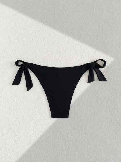 Black Basic Side Tie Bikini Bottom, Suitable For Graduation, Independence Day, Valentine's Day, Music Festivals, Fashion Vacation Beach Summer, Minimalist