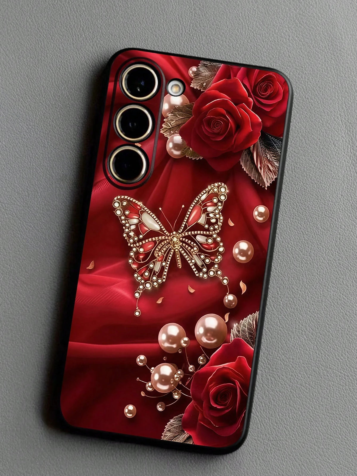 Black Fashion Phone Case Butterfly Element Black Faux Pearl Element Black Butterfly Butterfly Element Shockproof Anti-Slip 1pc Red Rose & Butterfly Faux Pearl Black Phone Case Compatible With Galaxy A