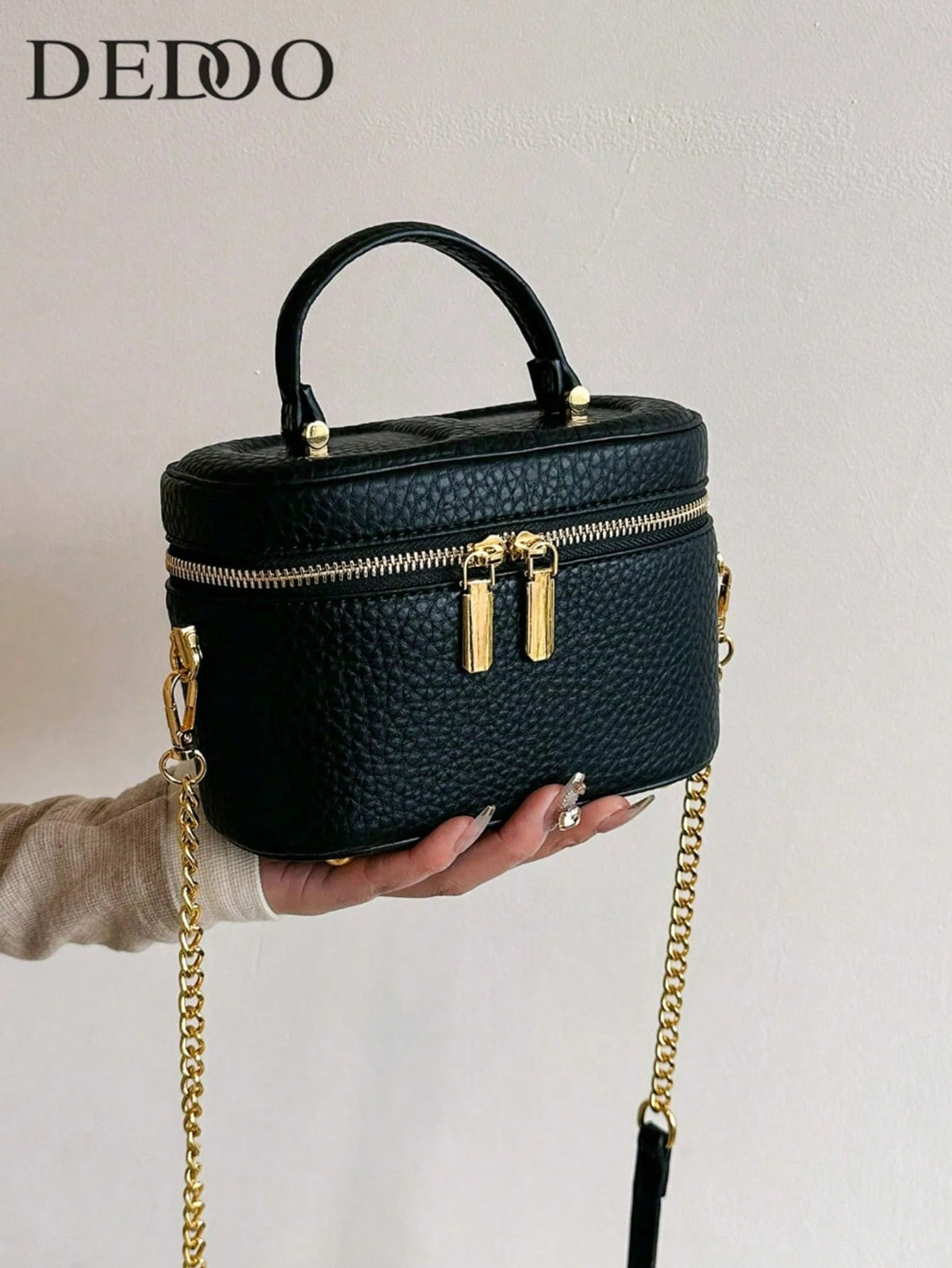 Black Pebble Leather Jewelry Box Bag, Small Vanity Case Top Handle Crossbody Purse, Gold Double Zipper Shoulder Bag For Women, Elegant Mini Handbag