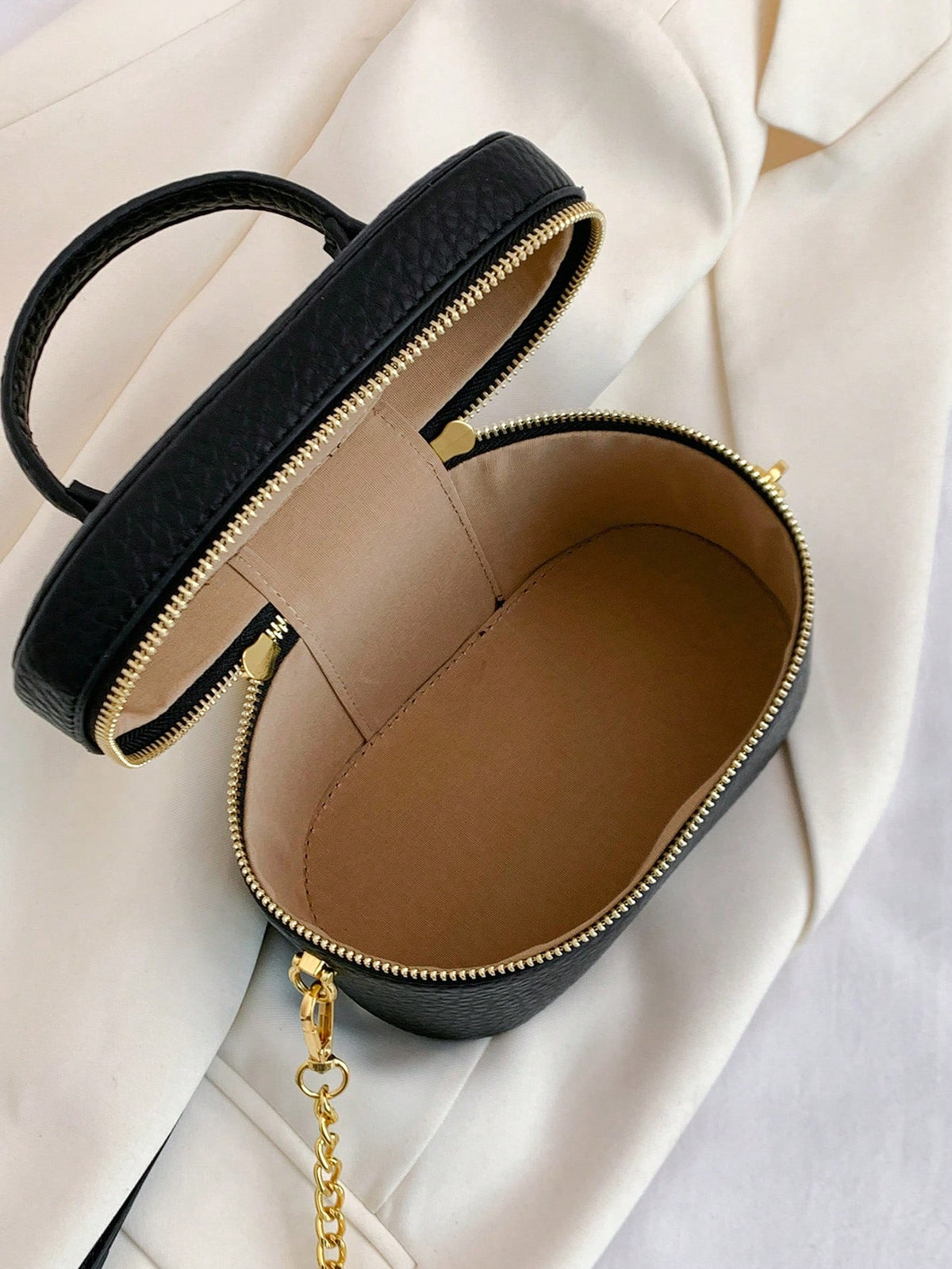 Black Pebble Leather Jewelry Box Bag, Small Vanity Case Top Handle Crossbody Purse, Gold Double Zipper Shoulder Bag For Women, Elegant Mini Handbag