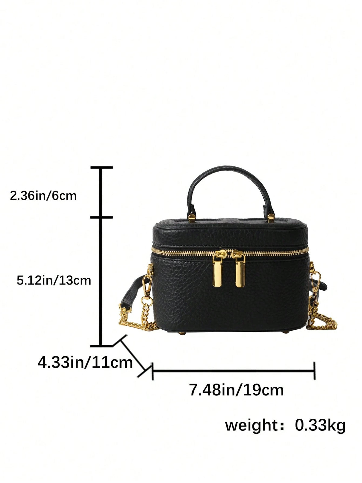 Black Pebble Leather Jewelry Box Bag, Small Vanity Case Top Handle Crossbody Purse, Gold Double Zipper Shoulder Bag For Women, Elegant Mini Handbag