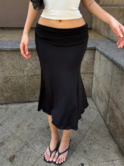 Black Pleated Waist Mermaid Hem Midi Skirt, Fitted Bodycon Skirt For Daily Commute Spring White