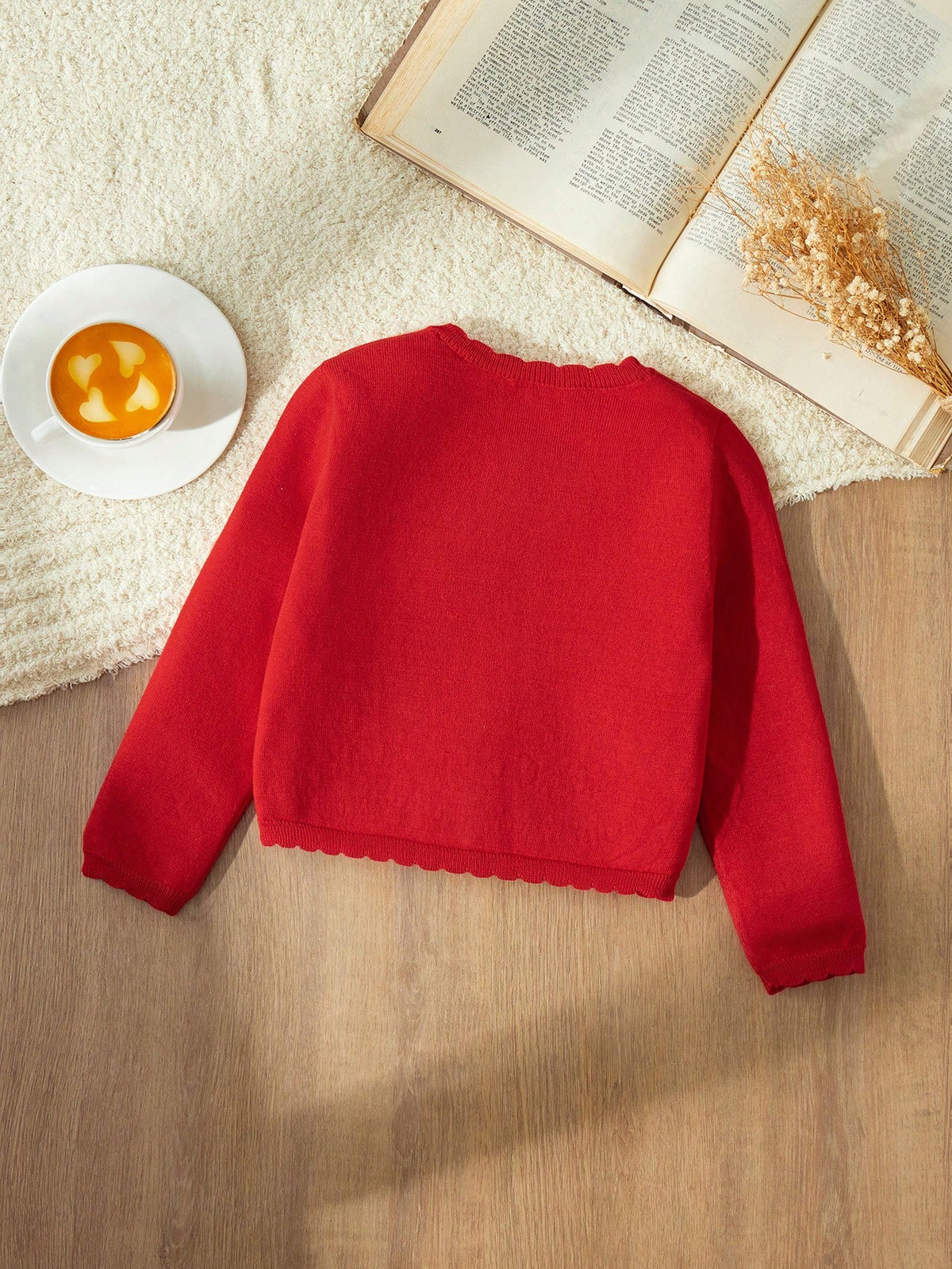 Blossori Young Girl Fitted Red Round Neck Cardigan, Autumn/Winter