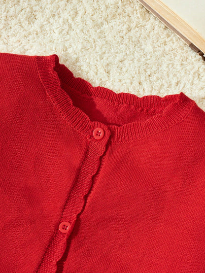 Blossori Young Girl Fitted Red Round Neck Cardigan, Autumn/Winter