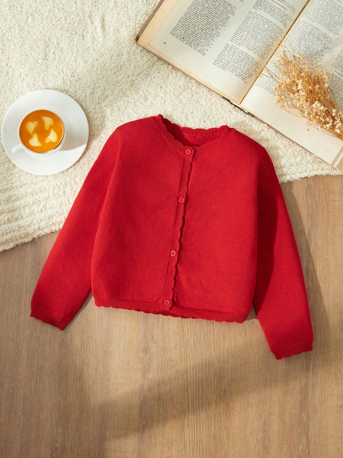 Blossori Young Girl Fitted Red Round Neck Cardigan, Autumn/Winter