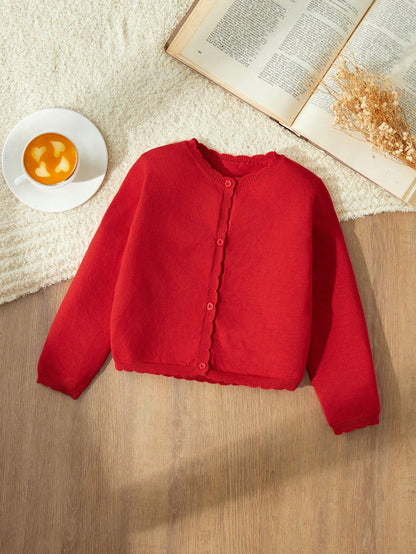 Blossori Young Girls Cardigans Autumn/Winter Red Fitted Round Neck Sweater Jacket
