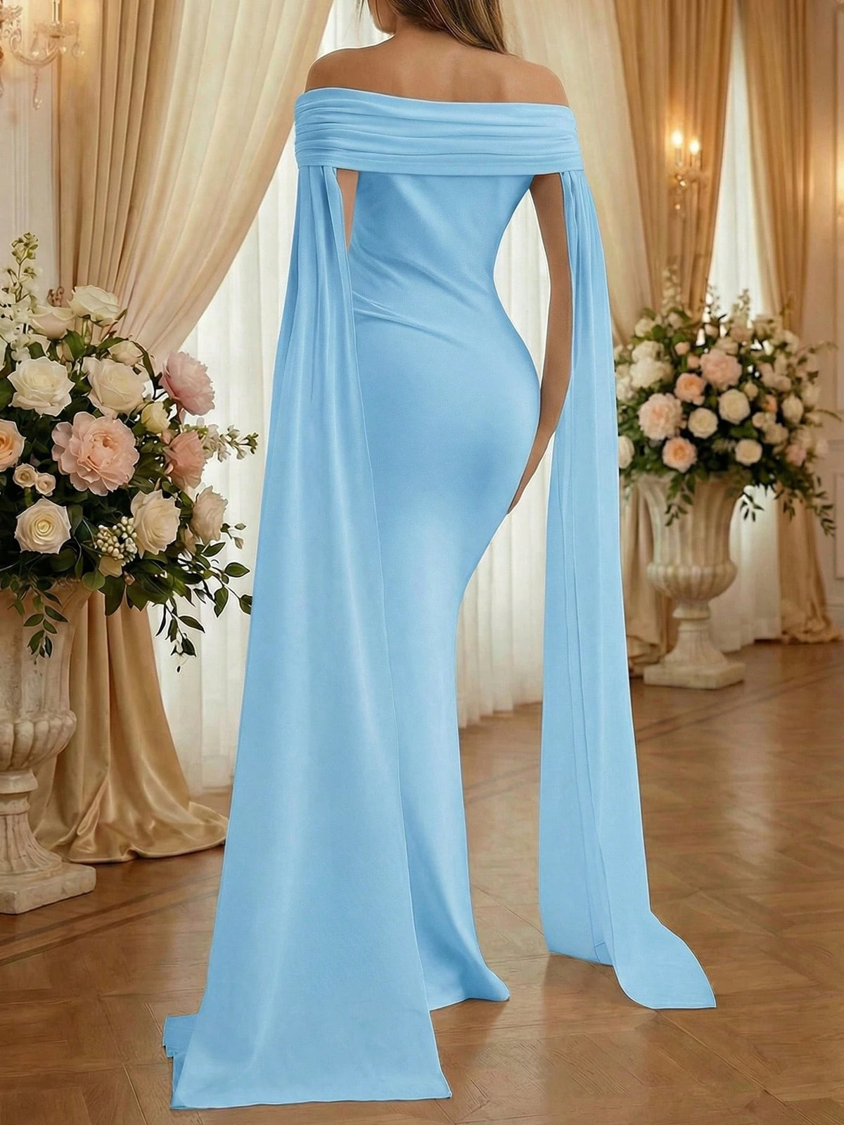 Blue Off-Shoulder Sleeveless Sheer Knit Fabric Elastic Mermaid Maxi Dress For Maternity, Elegant Maternity Photography, Banquet Dress Fall
