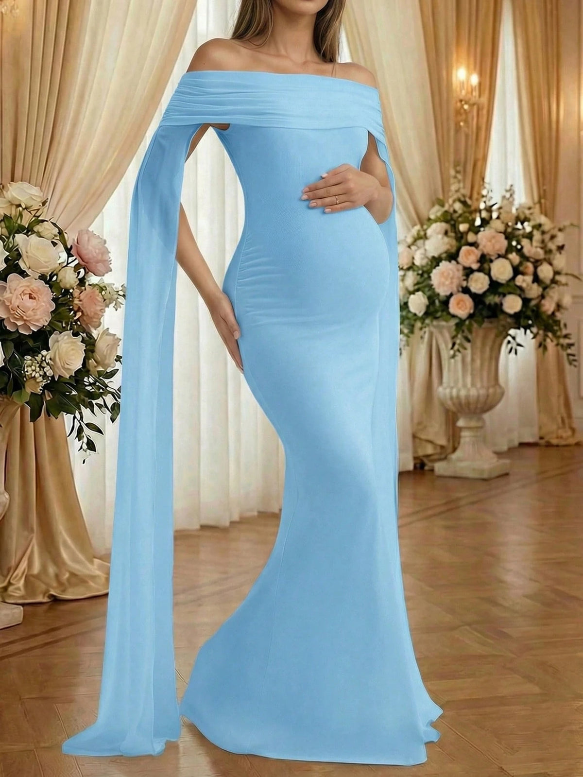 Blue Off-Shoulder Sleeveless Sheer Knit Fabric Elastic Mermaid Maxi Dress For Maternity, Elegant Maternity Photography, Banquet Dress Fall