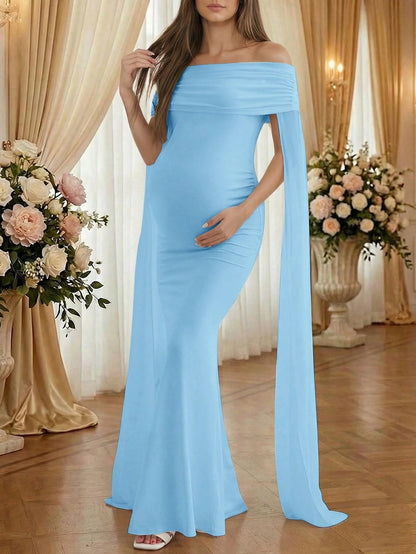 Blue Off-Shoulder Sleeveless Sheer Knit Fabric Elastic Mermaid Maxi Dress For Maternity, Elegant Maternity Photography, Banquet Dress Fall