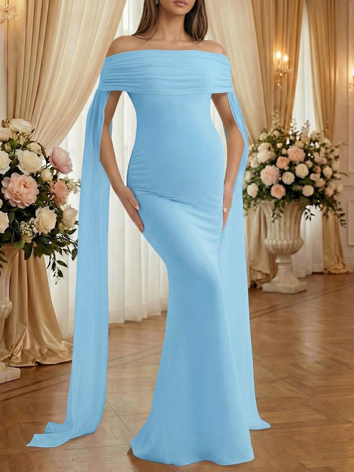 Blue Off-Shoulder Sleeveless Sheer Knit Fabric Elastic Mermaid Maxi Dress For Maternity, Elegant Maternity Photography, Banquet Dress Fall