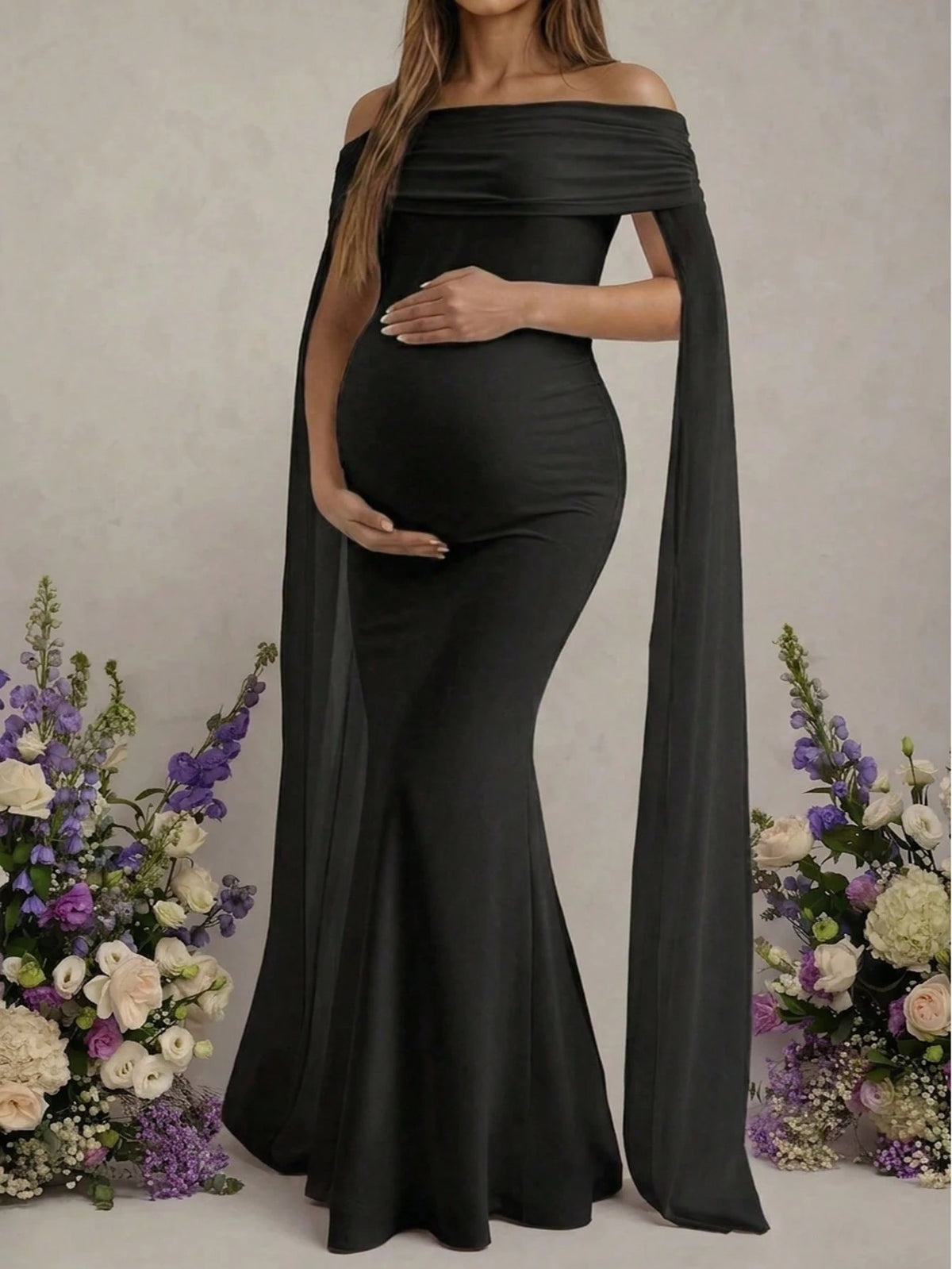Blue Off-Shoulder Sleeveless Sheer Knit Fabric Elastic Mermaid Maxi Dress For Maternity, Elegant Maternity Photography, Banquet Dress Fall