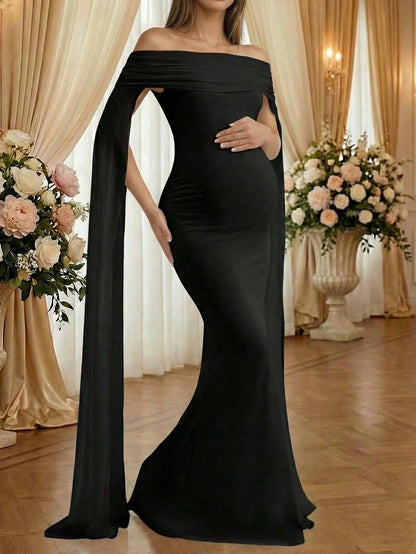 Blue Off-Shoulder Sleeveless Sheer Knit Fabric Elastic Mermaid Maxi Dress For Maternity, Elegant Maternity Photography, Banquet Dress Fall