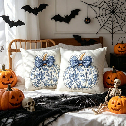 Blue Pumpkin Fall Pillow Cover, Watercolor Autumn Pumpkin Throw Pillow Case, Thanksgiving Harvest Seasonal Cushion Cover, Elegant Farmhouse Cottagecore Home Decor For Sofa Couch Bed Chair Living Room