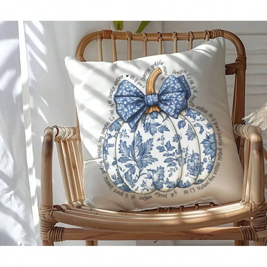 Blue Pumpkin Fall Pillow Cover, Watercolor Autumn Pumpkin Throw Pillow Case, Thanksgiving Harvest Seasonal Cushion Cover, Elegant Farmhouse Cottagecore Home Decor For Sofa Couch Bed Chair Living Room