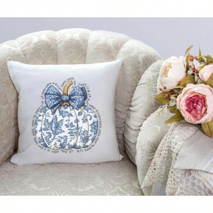 Blue Pumpkin Fall Pillow Cover, Watercolor Autumn Pumpkin Throw Pillow Case, Thanksgiving Harvest Seasonal Cushion Cover, Elegant Farmhouse Cottagecore Home Decor For Sofa Couch Bed Chair Living Room