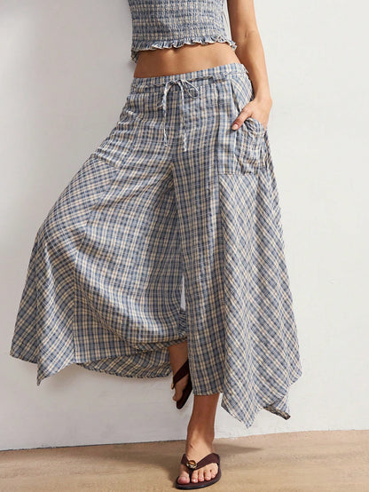 Bohemela Boho Summer Women's Long Pants, Asymmetric Hem Wide-Leg Silhouette, Vintage Blue Plaid Pattern, Holiday Vacation, Casual Music Festival Costume