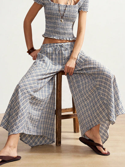 Bohemela Boho Summer Women's Long Pants, Asymmetric Hem Wide-Leg Silhouette, Vintage Blue Plaid Pattern, Holiday Vacation, Casual Music Festival Costume