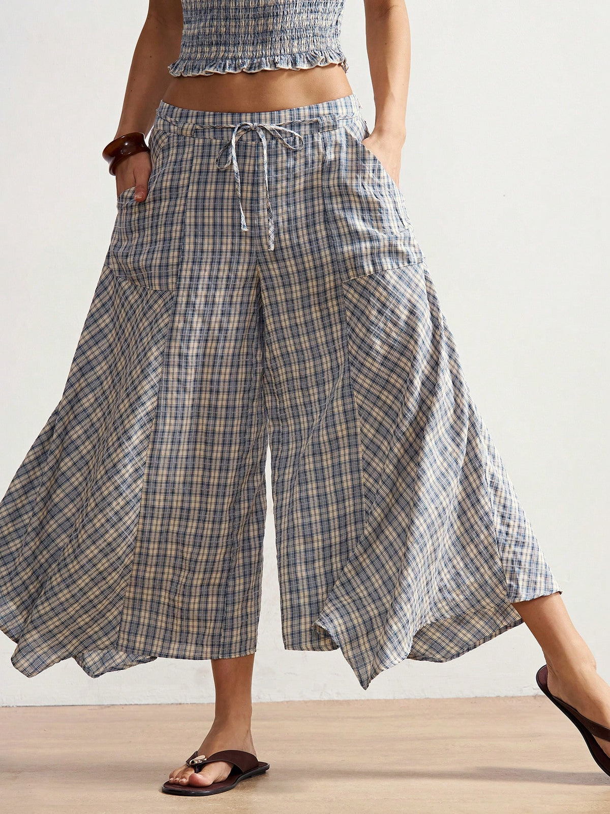 Bohemela Boho Summer Women's Long Pants, Asymmetric Hem Wide-Leg Silhouette, Vintage Blue Plaid Pattern, Holiday Vacation, Casual Music Festival Costume