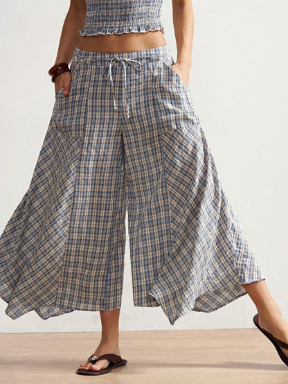 Bohemela Boho Summer Women's Long Pants, Asymmetric Hem Wide-Leg Silhouette, Vintage Blue Plaid Pattern, Holiday Vacation, Casual Music Festival Costume
