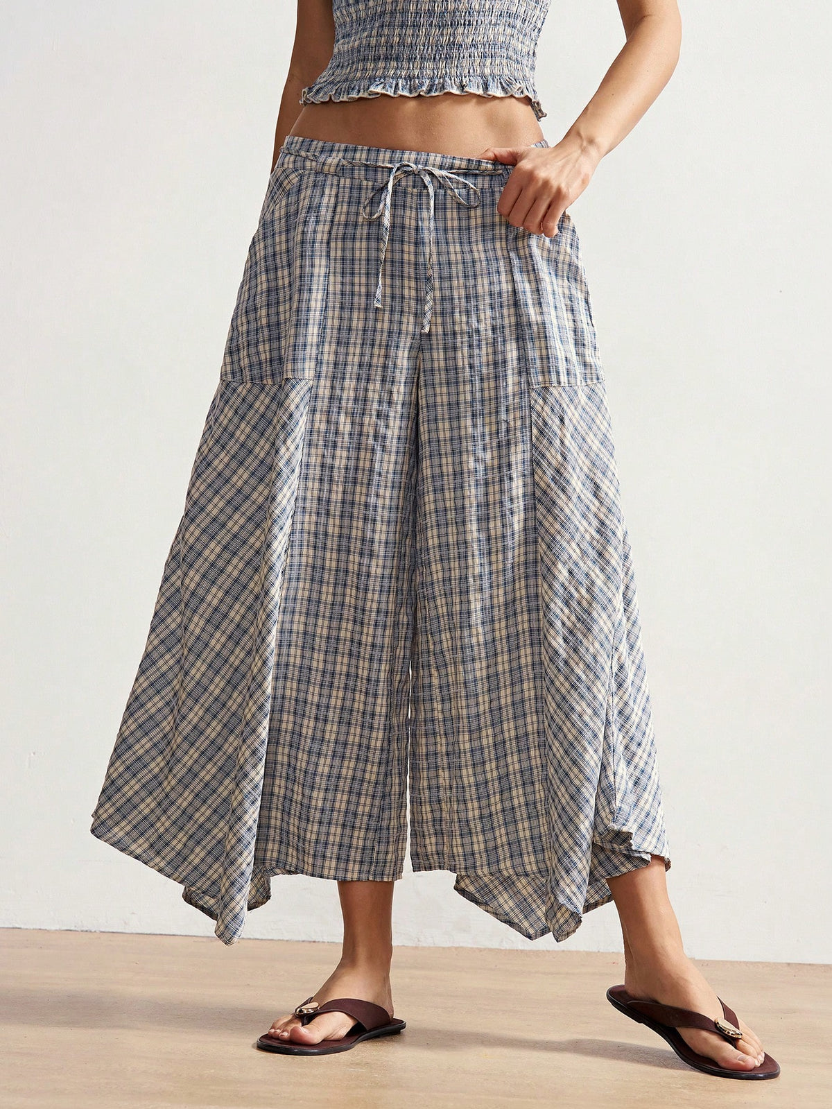 Bohemela Boho Summer Women's Long Pants, Asymmetric Hem Wide-Leg Silhouette, Vintage Blue Plaid Pattern, Holiday Vacation, Casual Music Festival Costume