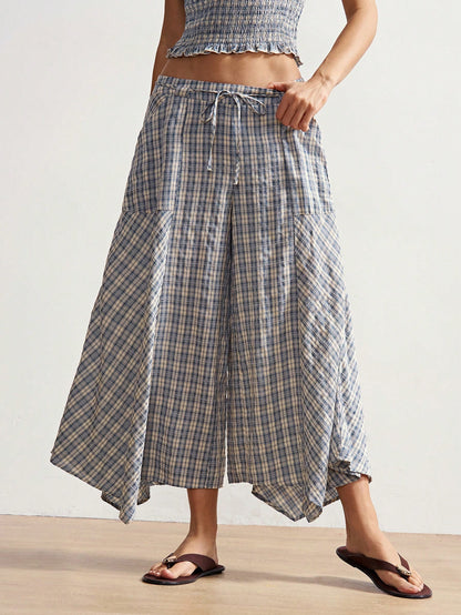 Bohemela Boho Summer Women's Long Pants, Asymmetric Hem Wide-Leg Silhouette, Vintage Blue Plaid Pattern, Holiday Vacation, Casual Music Festival Costume