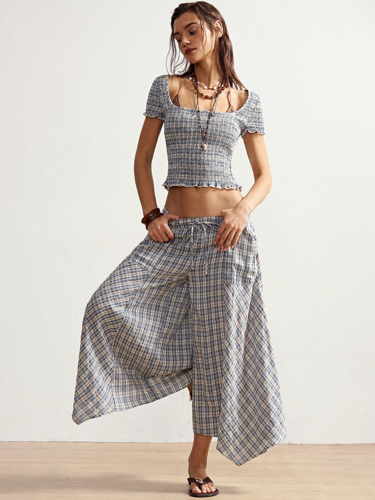 Bohemela Boho Summer Women's Long Pants, Asymmetric Hem Wide-Leg Silhouette, Vintage Blue Plaid Pattern, Holiday Vacation, Casual Music Festival Costume