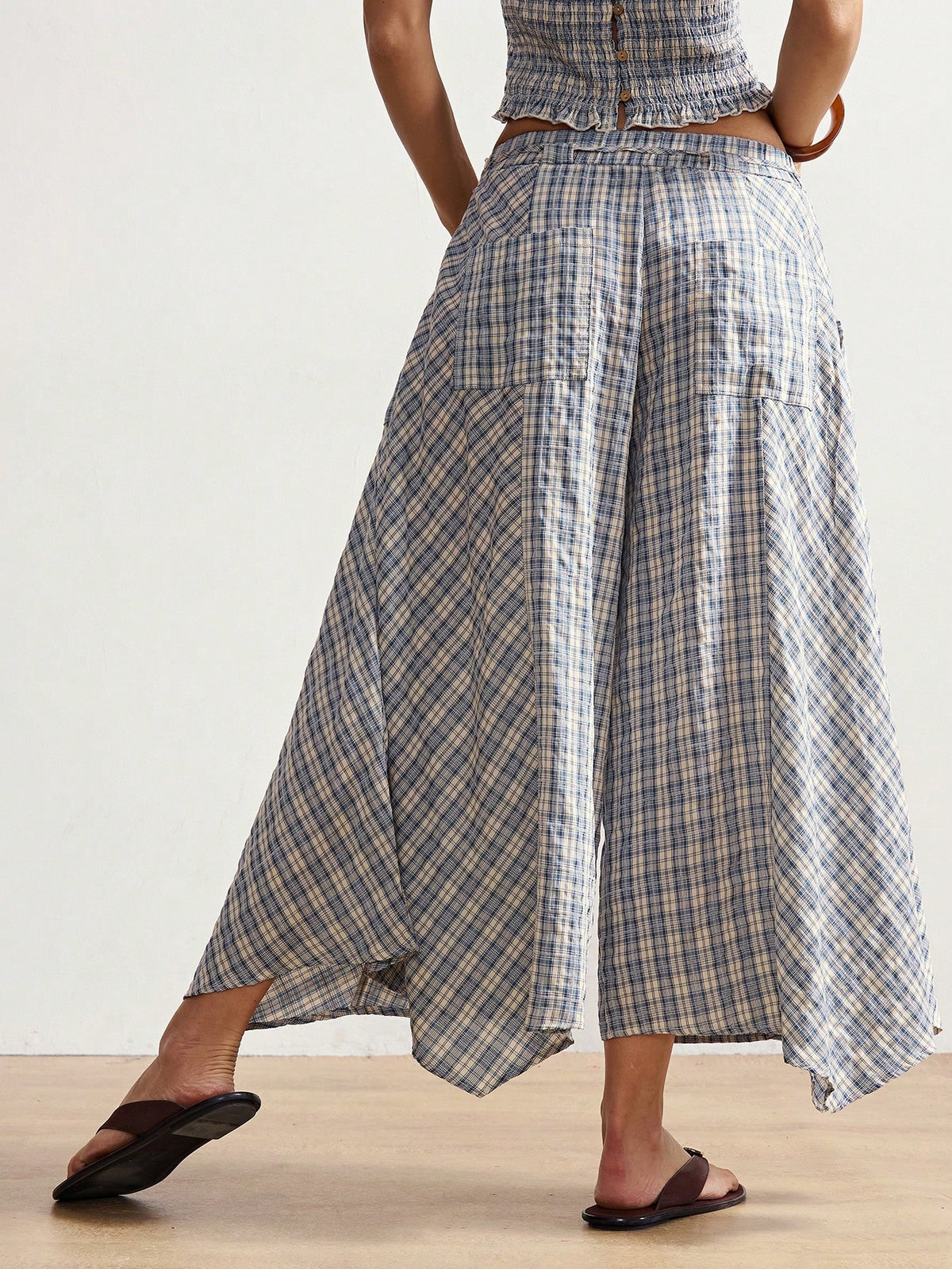 Bohemela Boho Summer Women's Long Pants, Asymmetric Hem Wide-Leg Silhouette, Vintage Blue Plaid Pattern, Holiday Vacation, Casual Music Festival Costume