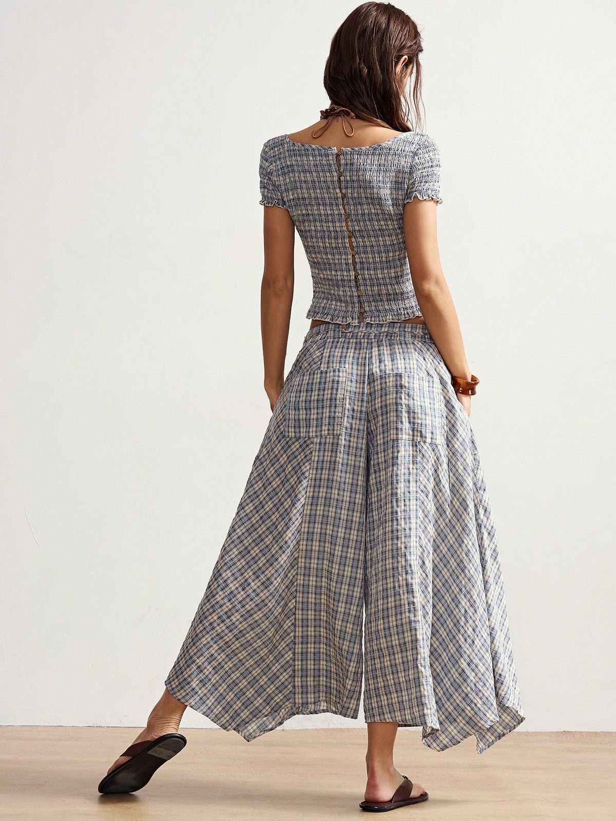 Bohemela Boho Summer Women's Long Pants, Asymmetric Hem Wide-Leg Silhouette, Vintage Blue Plaid Pattern, Holiday Vacation, Casual Music Festival Costume