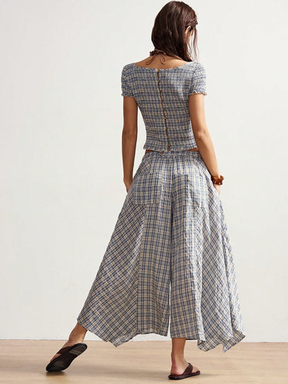 Bohemela Boho Summer Women's Long Pants, Asymmetric Hem Wide-Leg Silhouette, Vintage Blue Plaid Pattern, Holiday Vacation, Casual Music Festival Costume