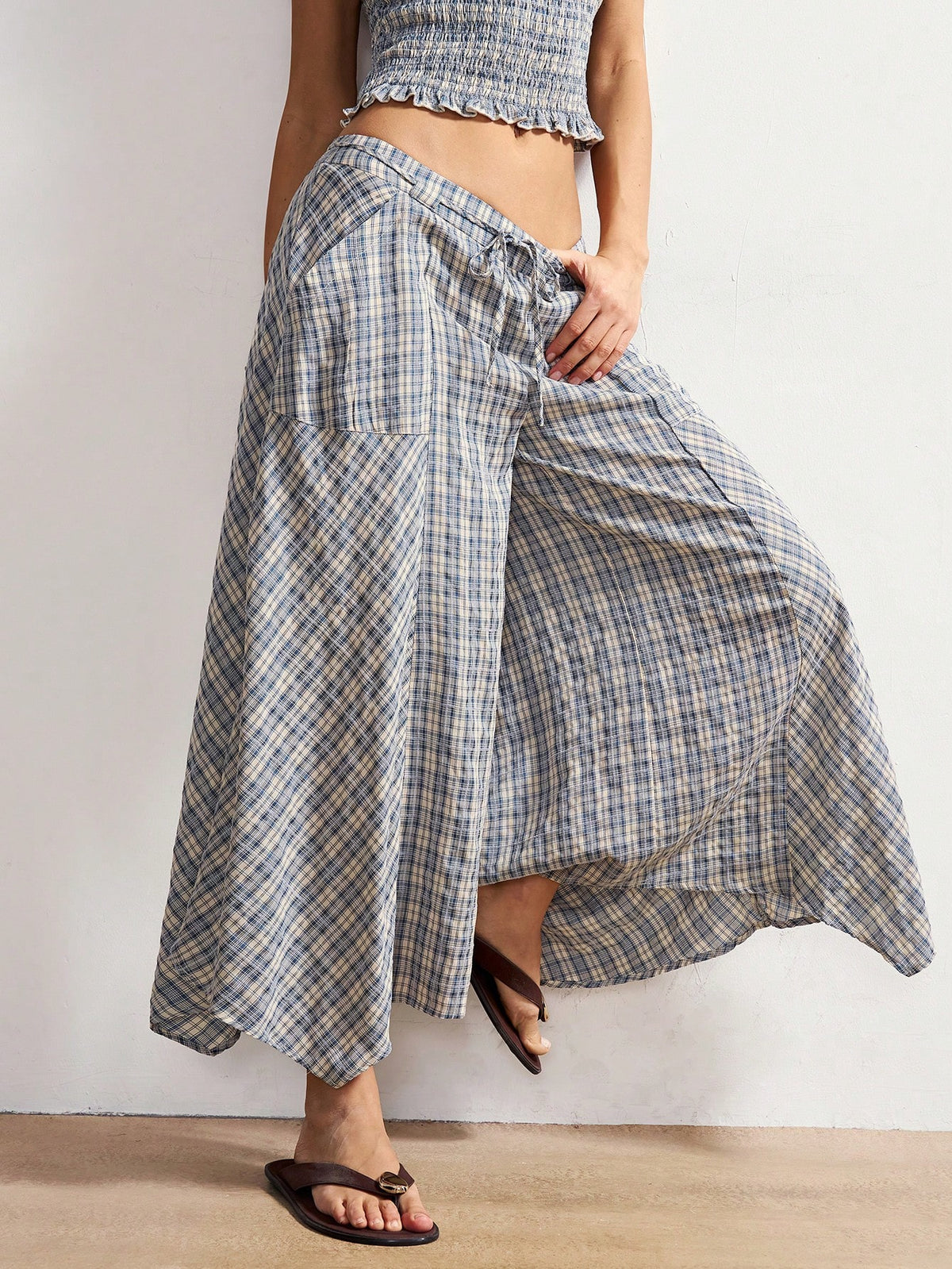 Bohemela Boho Summer Women's Long Pants, Asymmetric Hem Wide-Leg Silhouette, Vintage Blue Plaid Pattern, Holiday Vacation, Casual Music Festival Costume