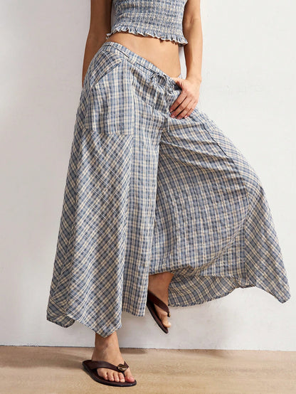 Bohemela Boho Summer Women's Long Pants, Asymmetric Hem Wide-Leg Silhouette, Vintage Blue Plaid Pattern, Holiday Vacation, Casual Music Festival Costume