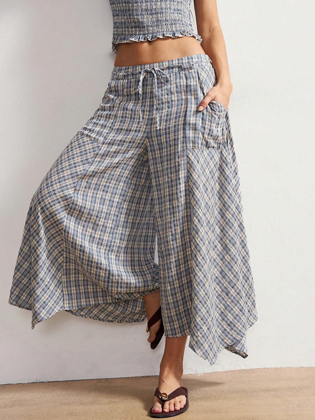 Bohemela Boho Summer Women's Long Pants, Asymmetric Hem Wide-Leg Silhouette, Vintage Blue Plaid Pattern, Holiday Vacation, Casual Music Festival Costume