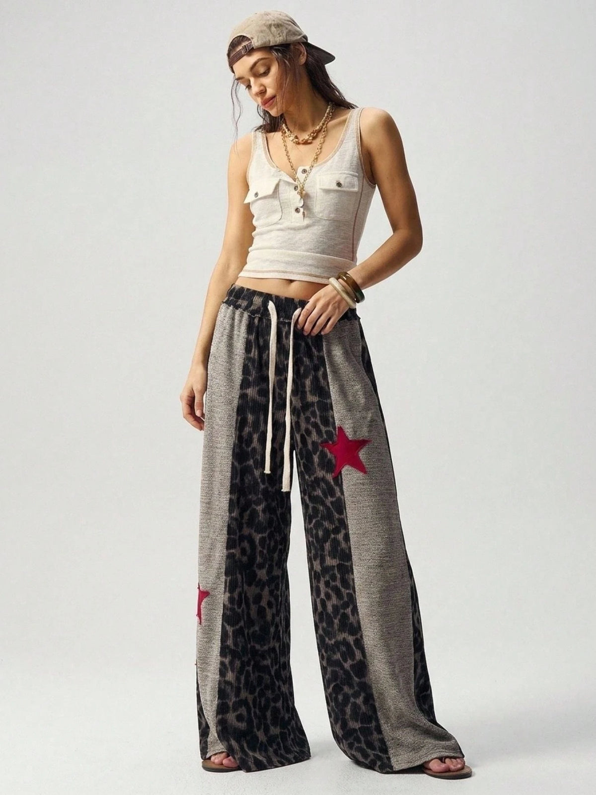 Bohemela Casual Knit Patchwork Loose Fit Women's Long Pants Lounge Brown Autumn