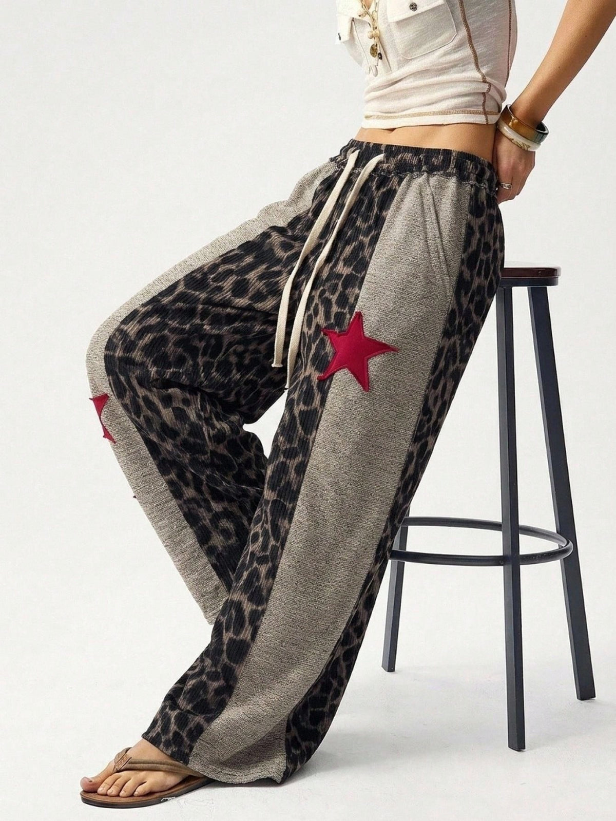 Bohemela Casual Knit Patchwork Loose Fit Women's Long Pants Lounge Brown Autumn