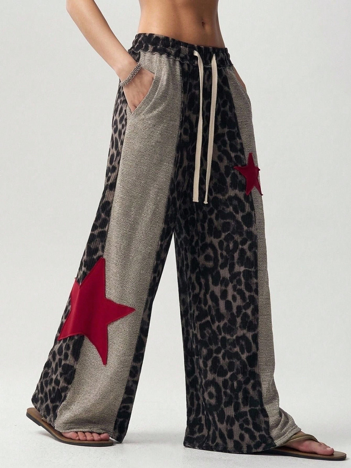 Bohemela Casual Knit Patchwork Loose Fit Women's Long Pants Lounge Brown Autumn