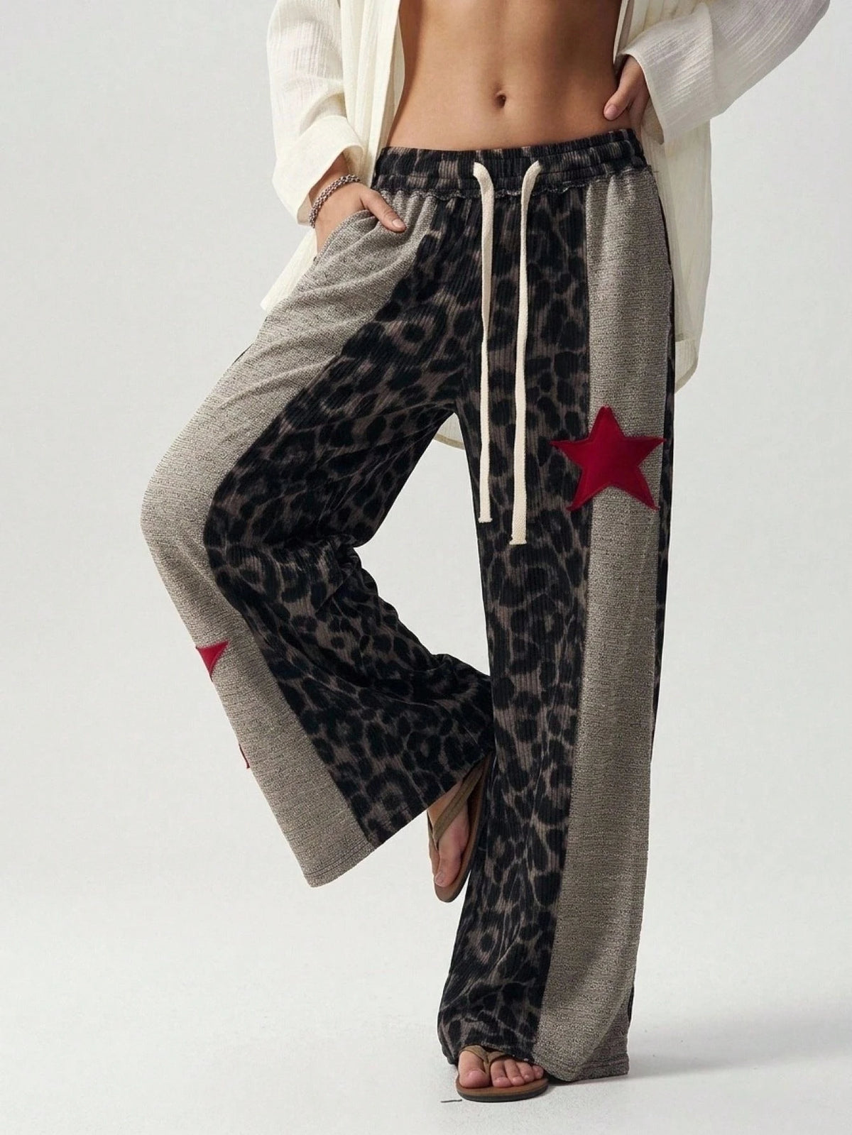 Bohemela Casual Knit Patchwork Loose Fit Women's Long Pants Lounge Brown Autumn