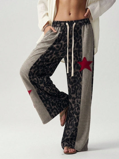 Bohemela Casual Knit Patchwork Loose Fit Women's Long Pants Lounge Brown Autumn