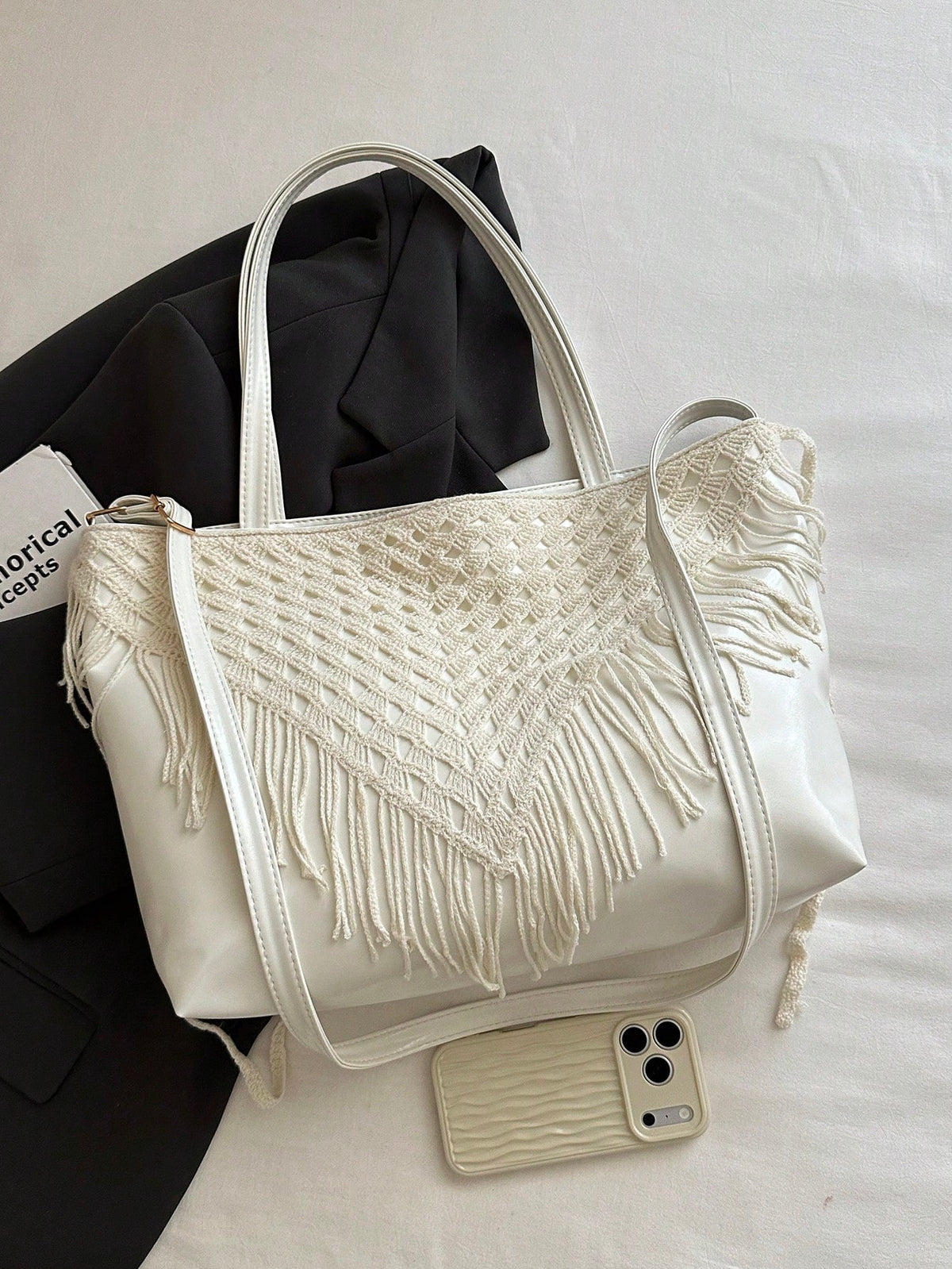 Bohemian Hollow Woven Tassel Tote Bag For Women, Large Capacity Handbag, Versatile Shoulder Crossbody Commuter Bag