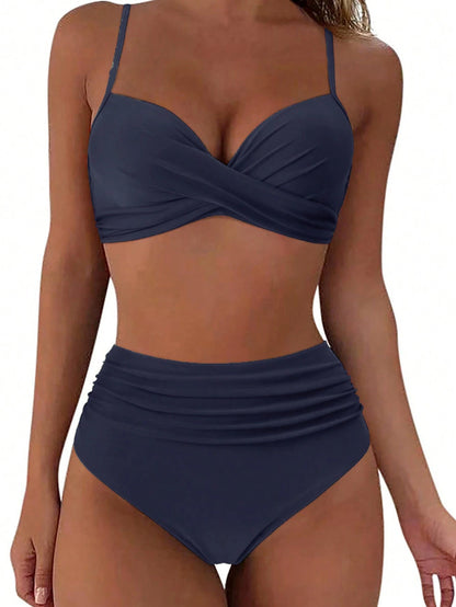 Bohemian Style Women's High Waist Bikini Set, Spaghetti Strap Wrap Design, Stretchy Fabric Elegant Vacation Beach Summer