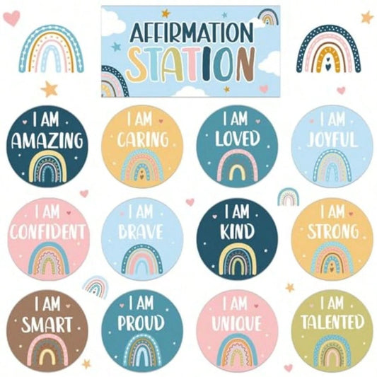 Boho Affirmation Station Bulletin Board Set Rainbow Positive Bulletin Board For Classroom Decorations Inspirational Motivational Accent Cutouts For Students Teachers Home School Wall Supply Blue