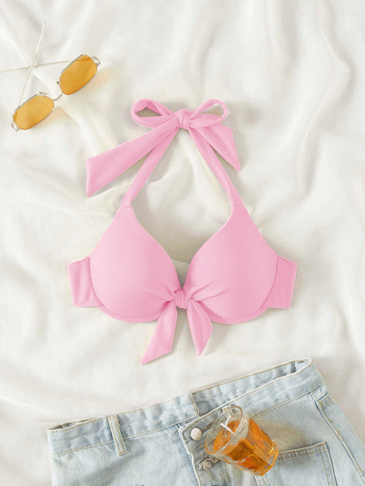 Bonvoyette 2026 Spring/Summer Push-Up Bowknot Halter Neck Padded Cute Pink Bikini Top