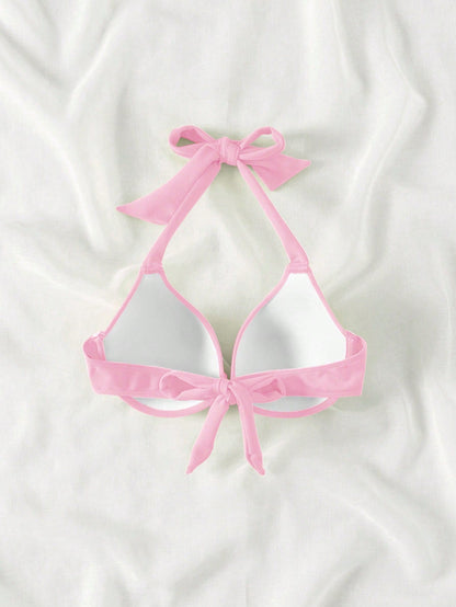 Bonvoyette 2026 Spring/Summer Push-Up Bowknot Halter Neck Padded Cute Pink Bikini Top