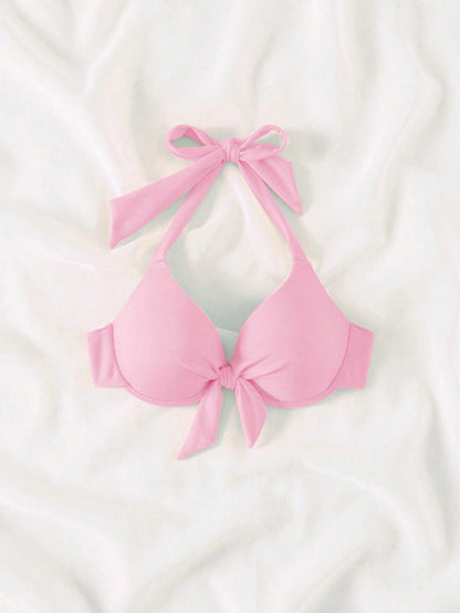 Bonvoyette 2026 Spring/Summer Push-Up Bowknot Halter Neck Padded Cute Pink Bikini Top