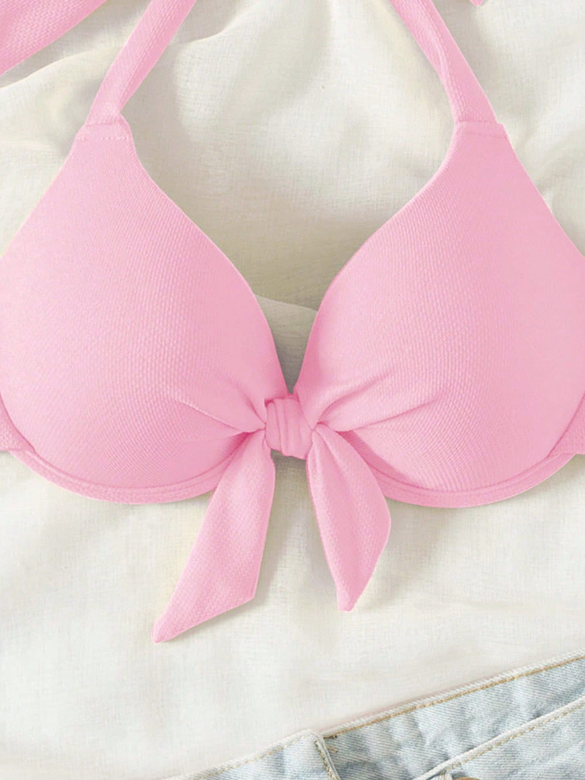 Bonvoyette 2026 Spring/Summer Push-Up Bowknot Halter Neck Padded Cute Pink Bikini Top