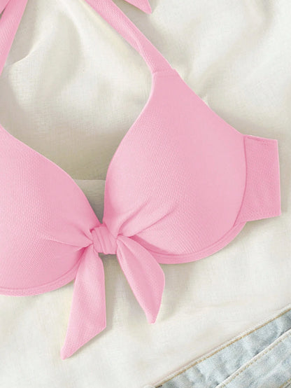 Bonvoyette 2026 Spring/Summer Push-Up Bowknot Halter Neck Padded Cute Pink Bikini Top