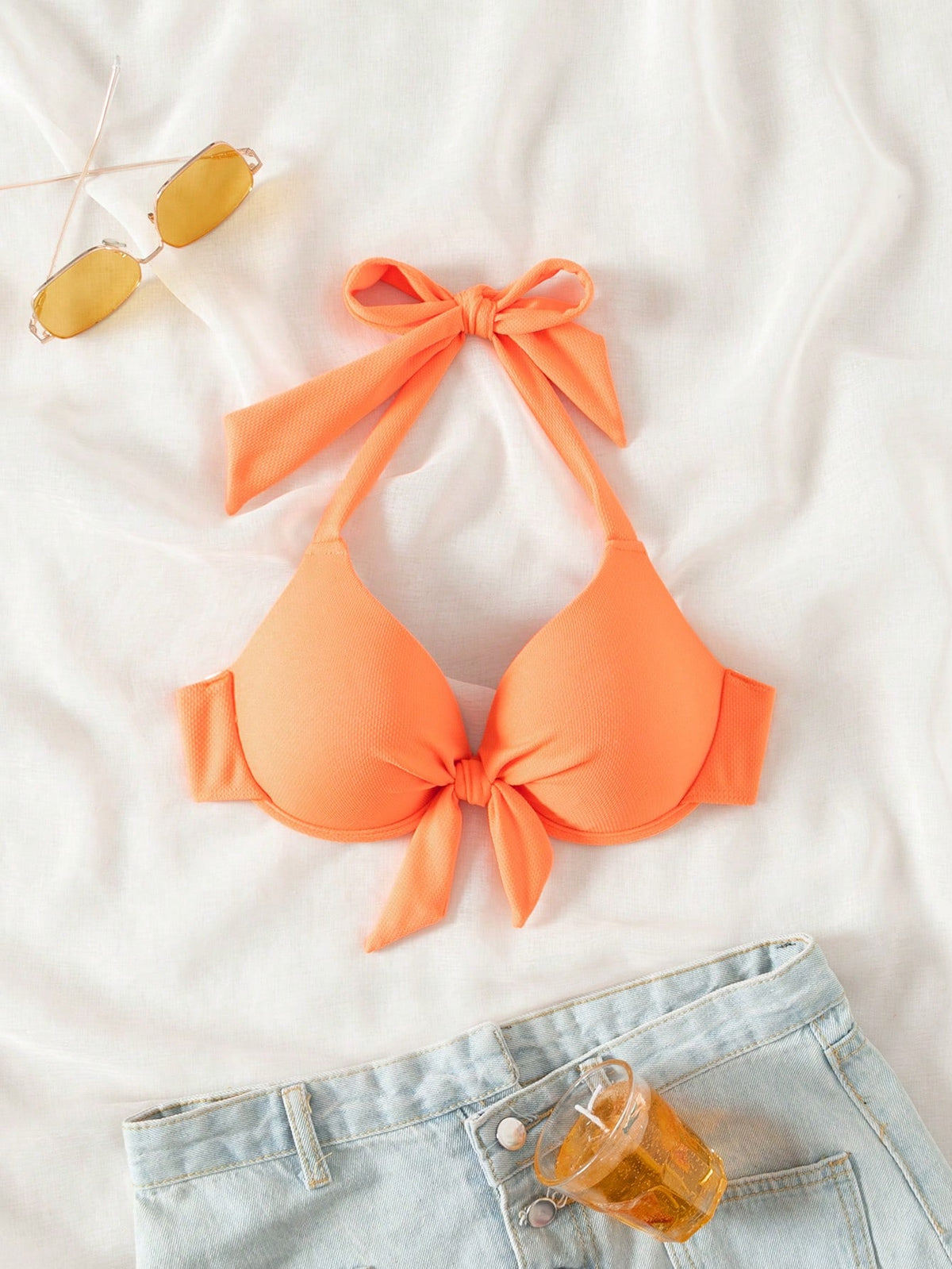 Bonvoyette 2026 Spring/Summer Push-Up Bowknot Halter Neck Padded Cute Pink Bikini Top